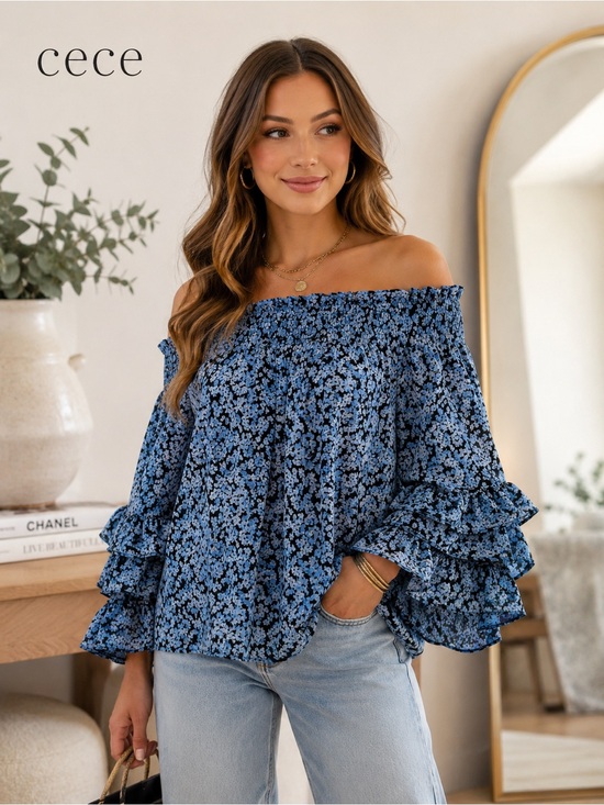 CeCe Tops - Nwot CeCe Floral Ruffle-Sleeve Women's Top in Light Blue Women’s size small